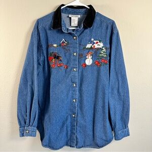 Casey & Max XL Vintage Denim Shirt Christmas Embroidered Holiday Snowman Festive